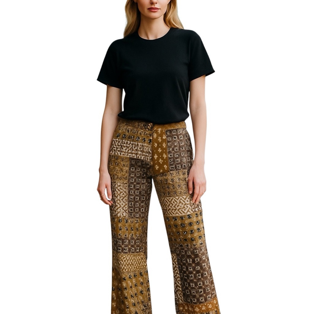 DREW Anthro Patchwork High Rise Waist Wide-Leg Pullon Brown Cream Pants XS